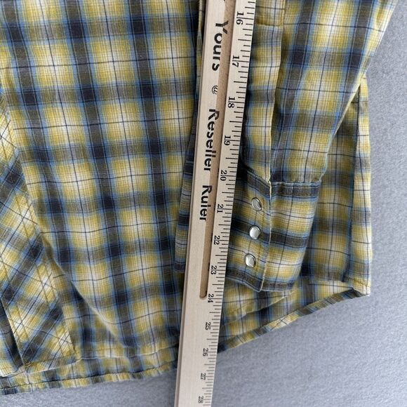 Y2K Wrangler Western Blue Yellow Plaid Pearl Snap Sleeved Shirt Mens M‎ Cowboy - Picture 7 of 8